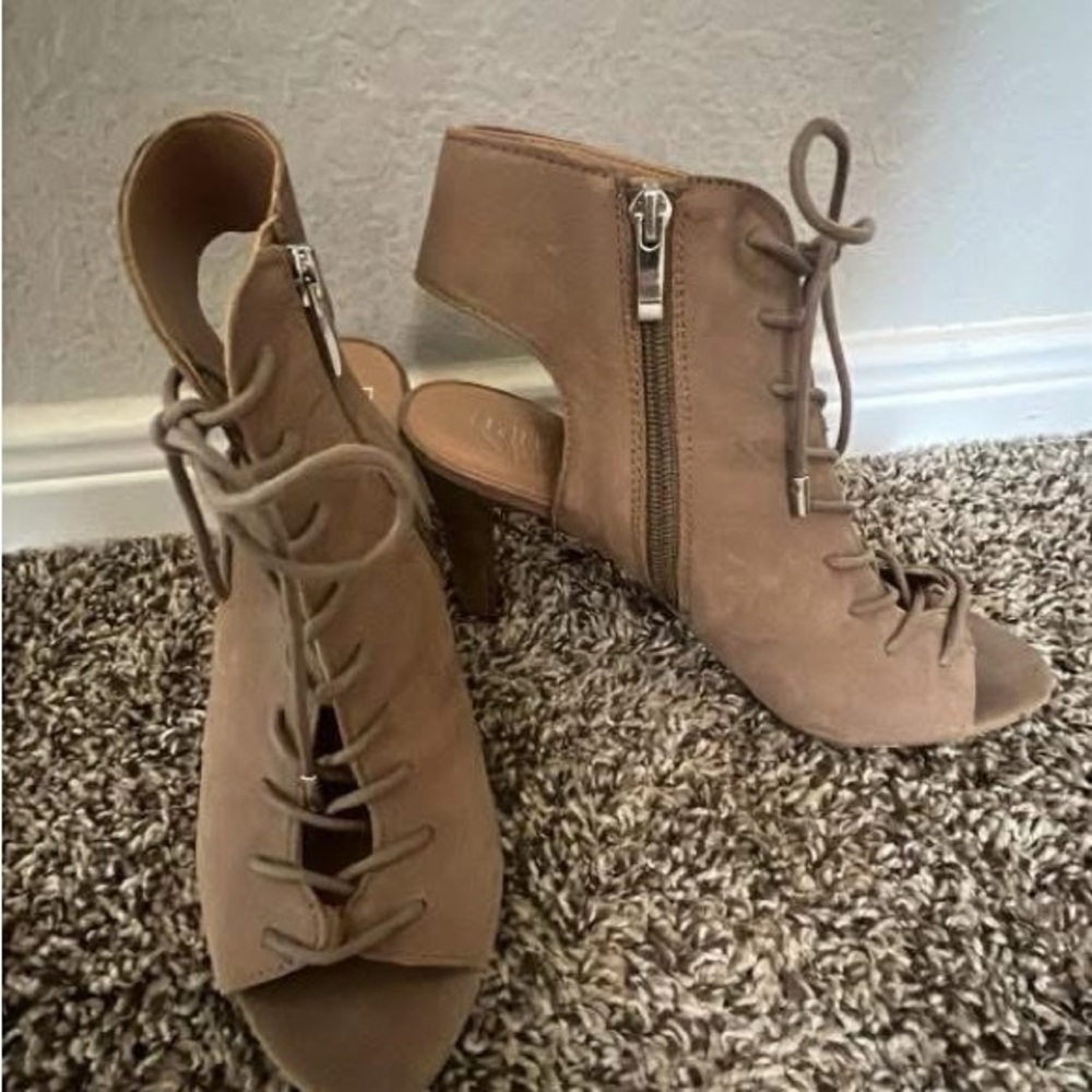 Franco Sarto Tan Chunky Heel Peep-Toe Heels